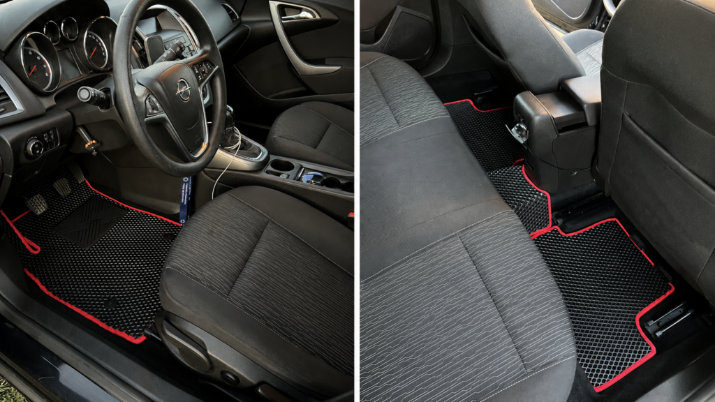 OMEVO EVA koberečky Opel Astra J Hatchback 5 dveřový a GTC – kobereček řidiče a koberečky pro zadní řadu sedadel.