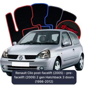 Velurové autokoberce OMEVO pro Renault Clio faceliftovaná verze (2005) - před faceliftem (před rokem 2009) 2 gen Hatchback 3 dveře (1998-2012)