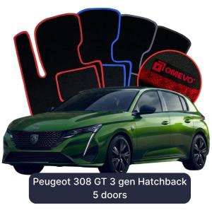 Velurové autokoberce OMEVO pro Peugeot 308 GT 3 gen Hatchback 5-dveřový (2021–2025)